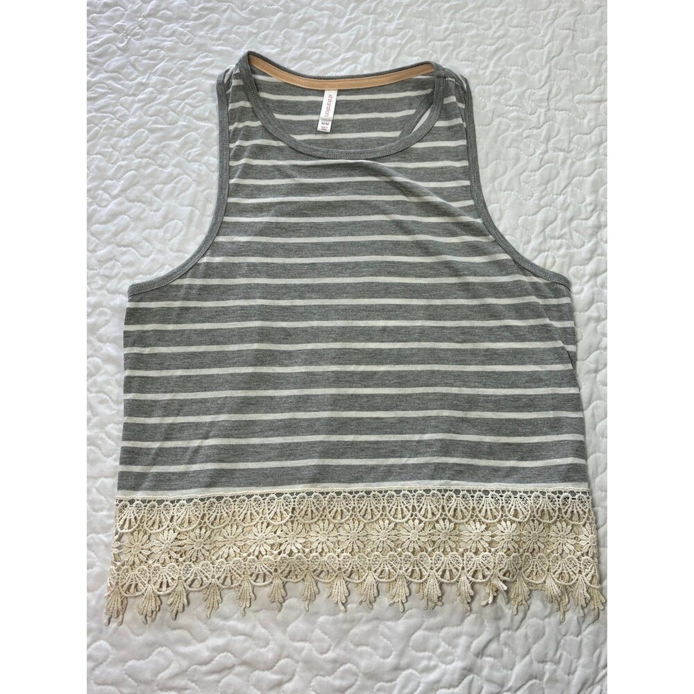 Xhilaration Grey White Striped Lace Trim Racer Back Tank Top size medium